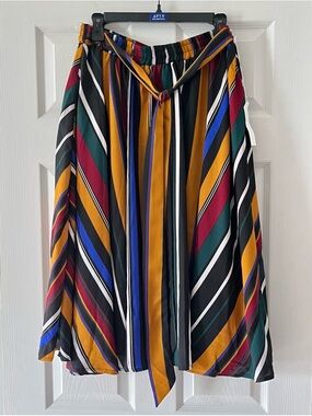 Y2K Striped Midi Skirt Tie Waist Colorblock Retro Flowy A-Line Large